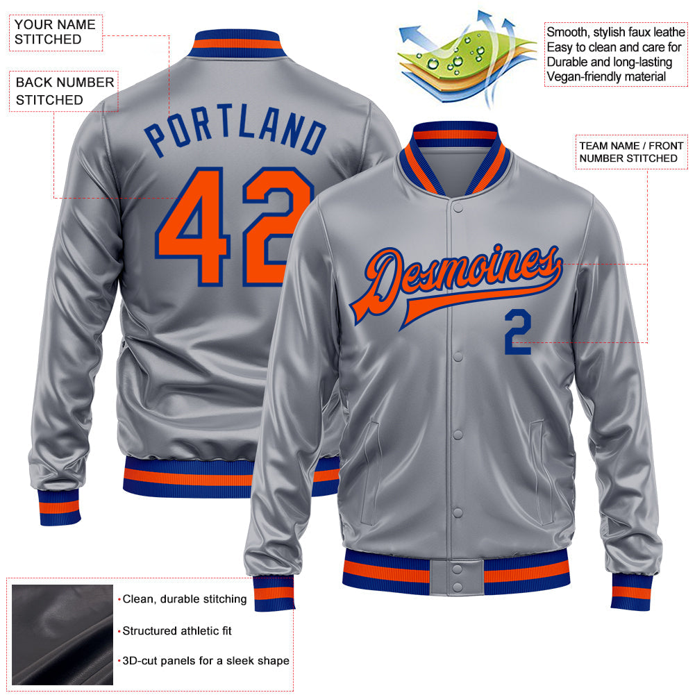 Custom Gray Orange-Royal Bomber Full-Snap Varsity Faux Leather Letterman Jacket view 2