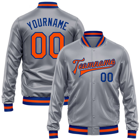 Custom Gray Orange-Royal Bomber Full-Snap Varsity Faux Leather Letterman Jacket - Main View