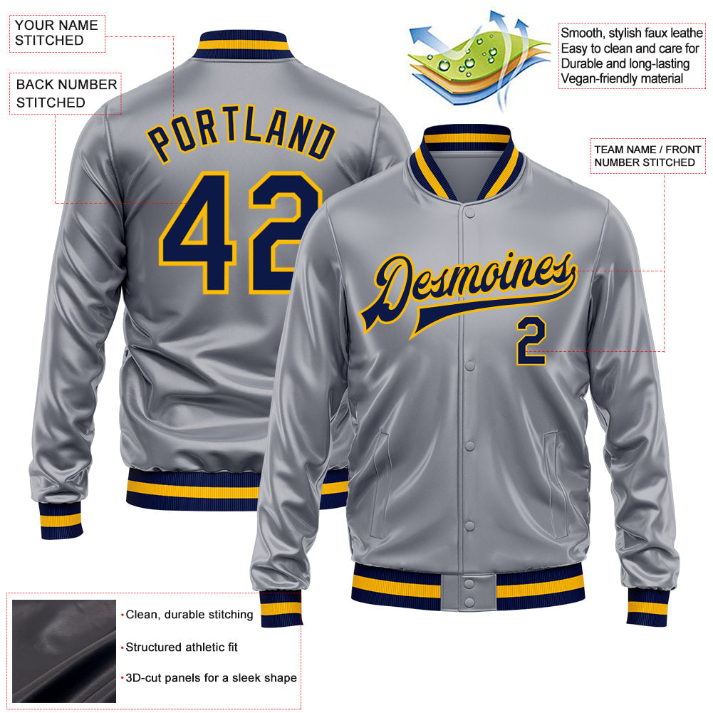 Custom Gray Navy-Gold Bomber Full-Snap Varsity Faux Leather Letterman Jacket view 2