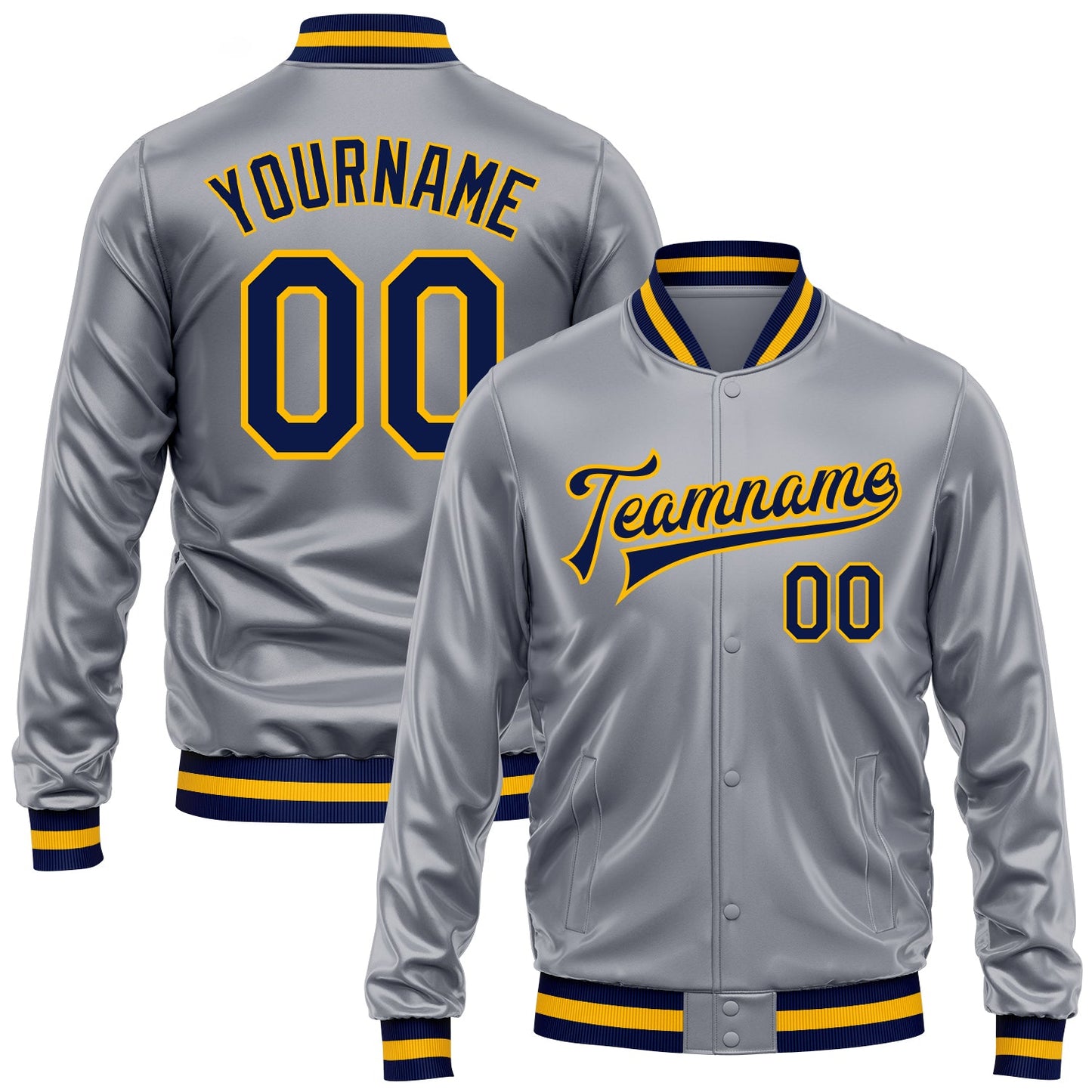 Custom Gray Navy-Gold Bomber Full-Snap Varsity Faux Leather Letterman Jacket - Main View
