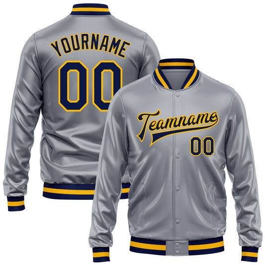 Custom Gray Navy-Gold Bomber Full-Snap Varsity Faux Leather Letterman Jacket - Main View