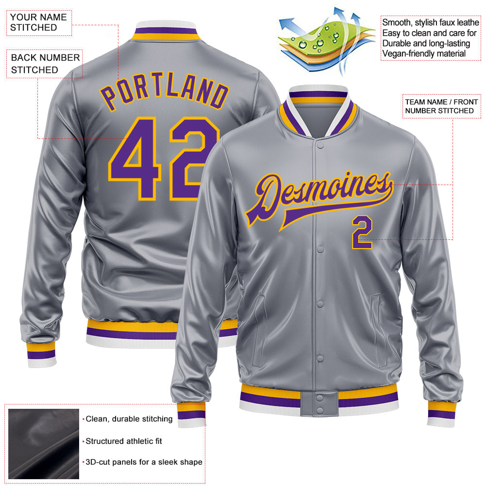 Custom Gray Purple-Gold Bomber Full-Snap Varsity Faux Leather Letterman Jacket view 2