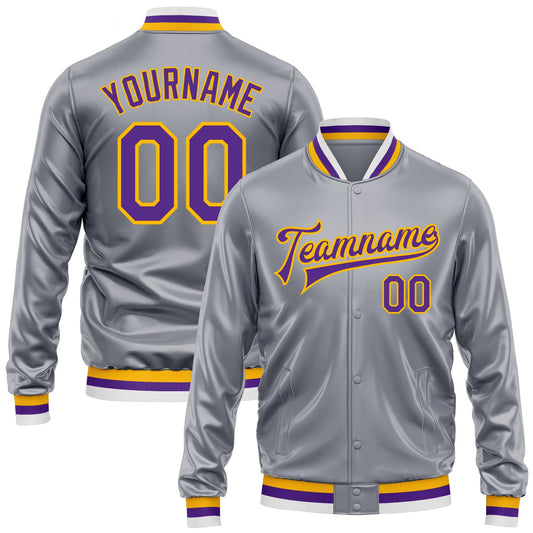 Custom Gray Purple-Gold Bomber Full-Snap Varsity Faux Leather Letterman Jacket - Main View