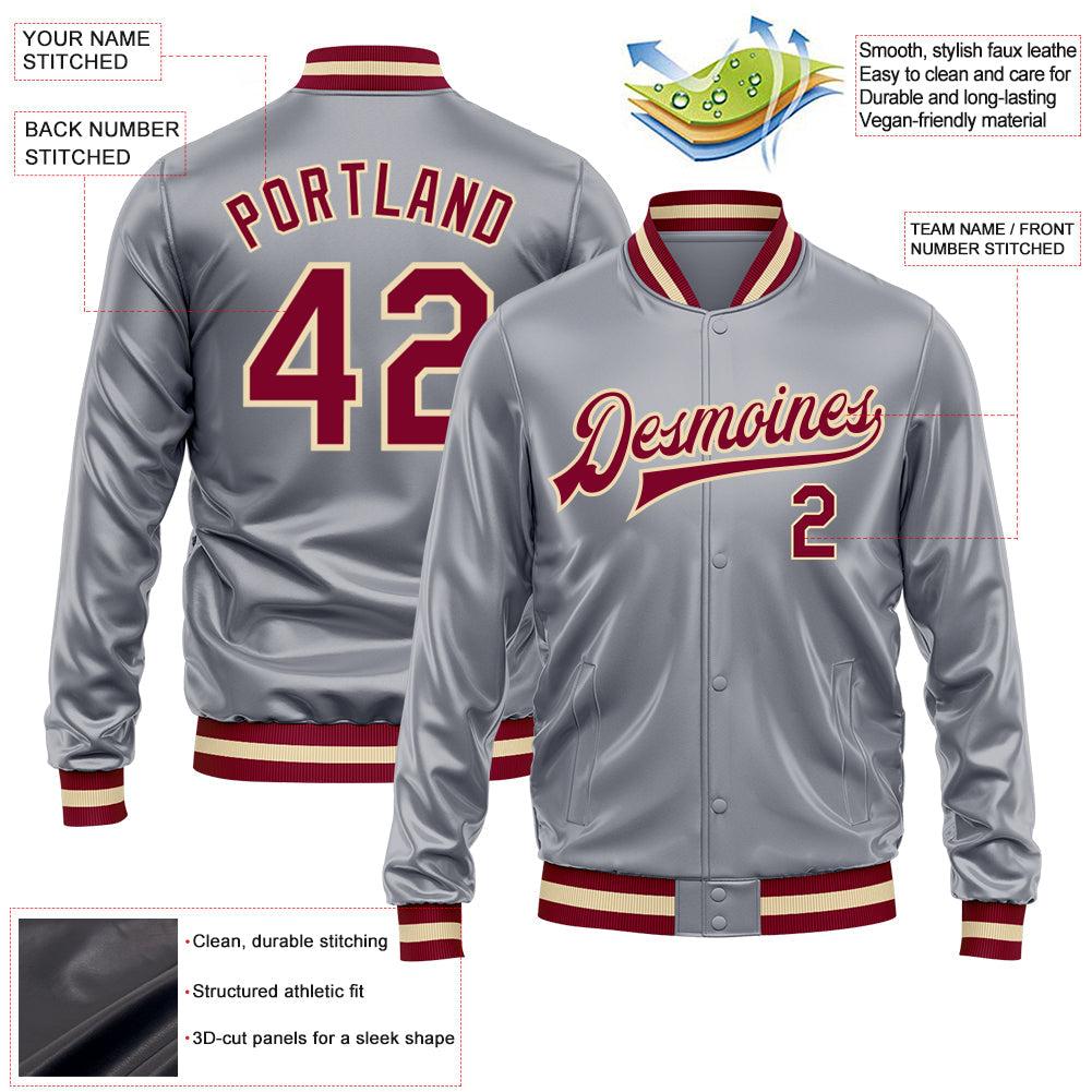 Custom Gray Maroon-Cream Bomber Full-Snap Varsity Faux Leather Letterman Jacket view 2