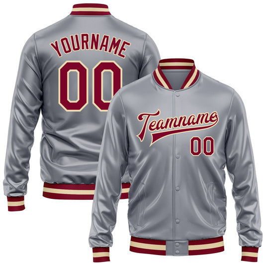 Custom Gray Maroon-Cream Bomber Full-Snap Varsity Faux Leather Letterman Jacket - Main View