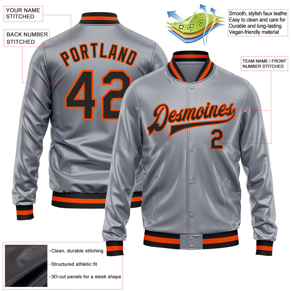 Custom Gray Black-Orange Bomber Full-Snap Varsity Faux Leather Letterman Jacket view 2
