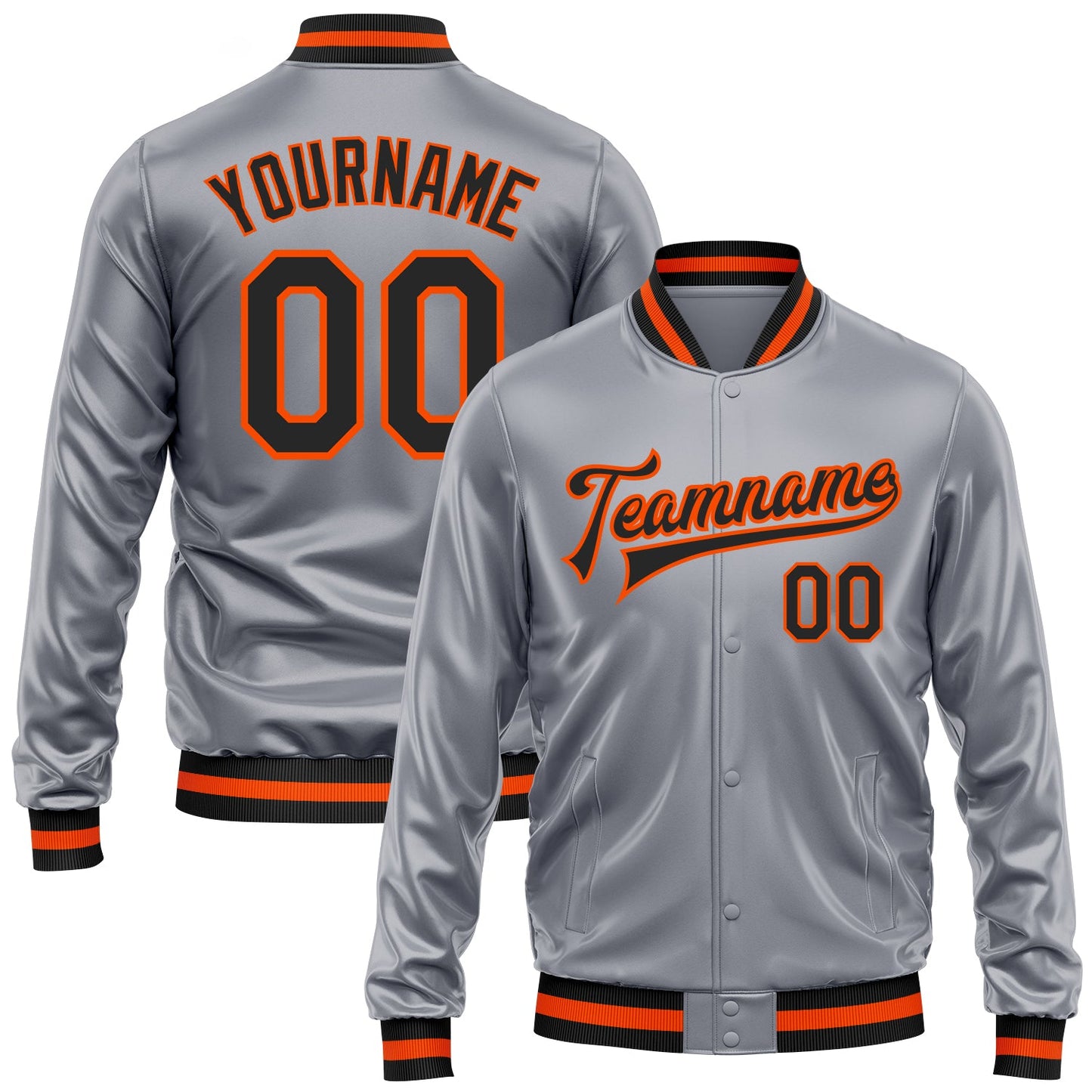 Custom Gray Black-Orange Bomber Full-Snap Varsity Faux Leather Letterman Jacket - Main View