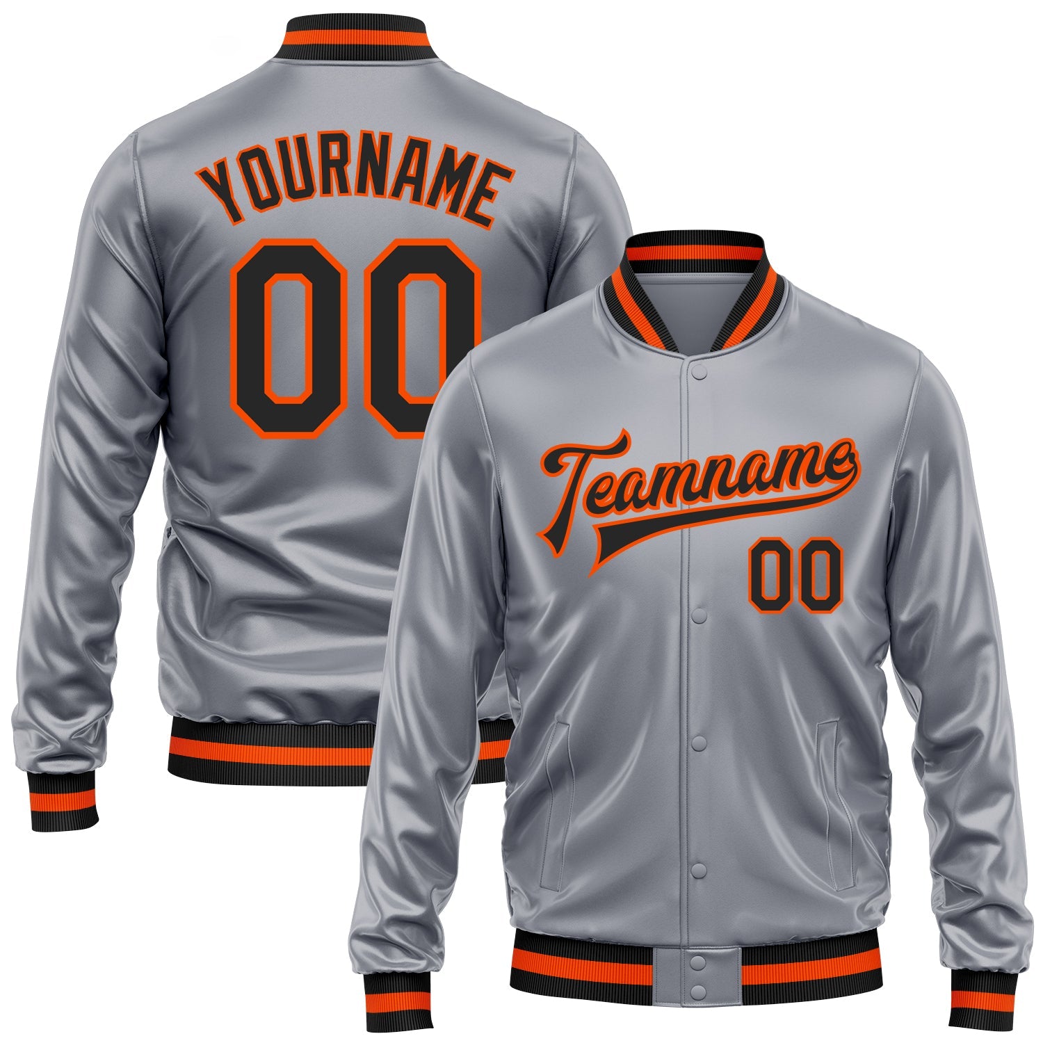 Custom Gray Black-Orange Bomber Full-Snap Varsity Faux Leather Letterman Jacket - Main View