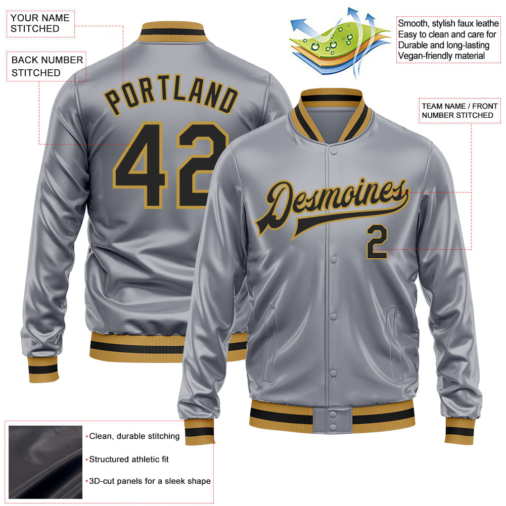 Custom Gray Black-Old Gold Bomber Full-Snap Varsity Faux Leather Letterman Jacket view 2