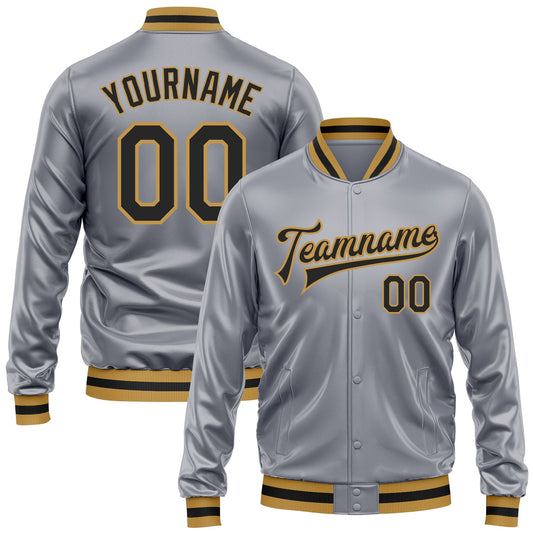 Custom Gray Black-Old Gold Bomber Full-Snap Varsity Faux Leather Letterman Jacket - Main View