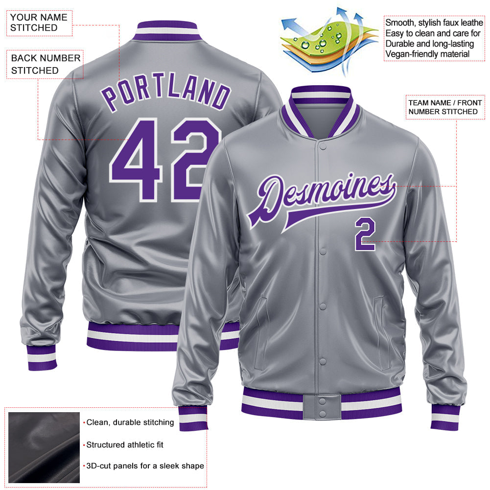 Custom Gray Purple-White Bomber Full-Snap Varsity Faux Leather Letterman Jacket view 2