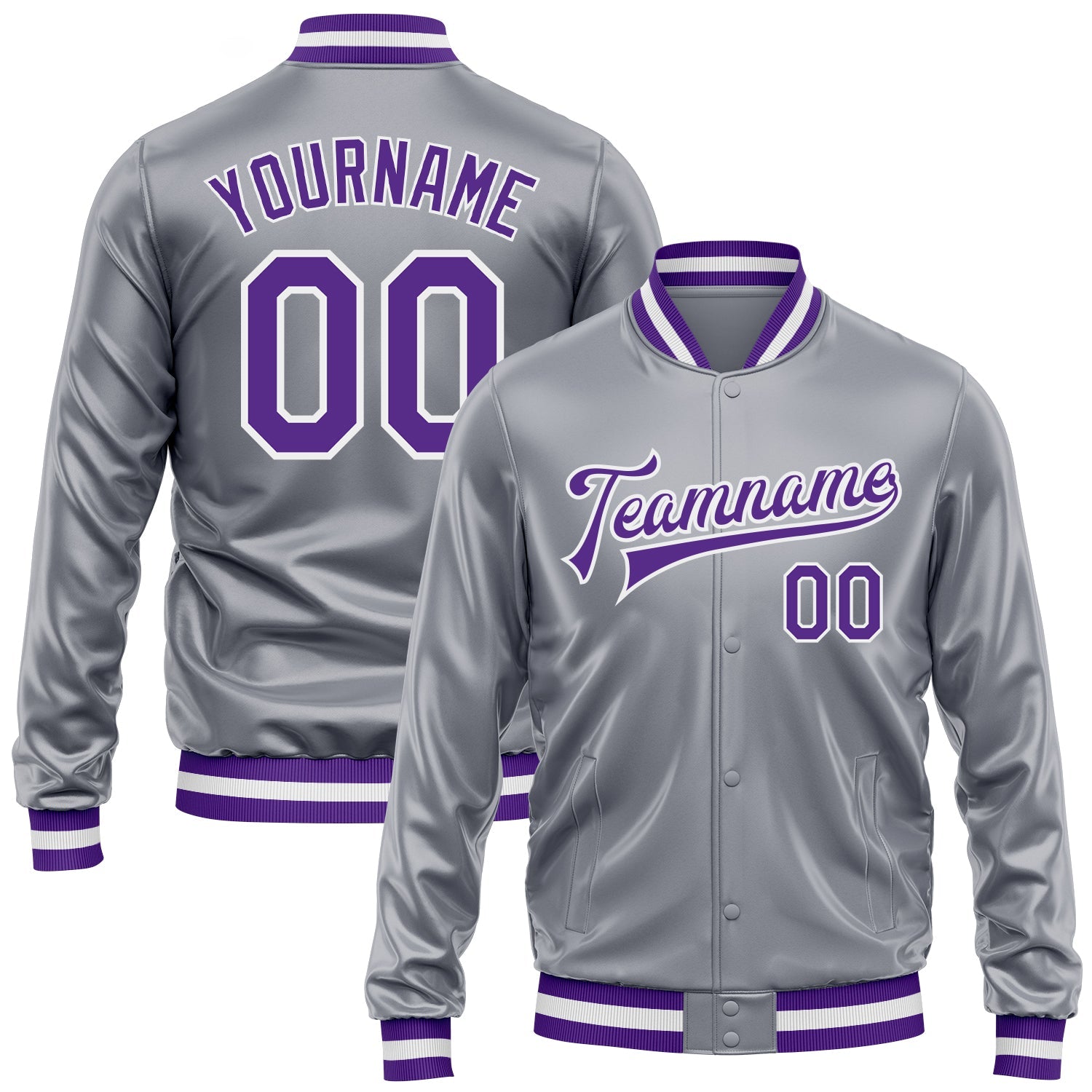 Custom Gray Purple-White Bomber Full-Snap Varsity Faux Leather Letterman Jacket - Main View