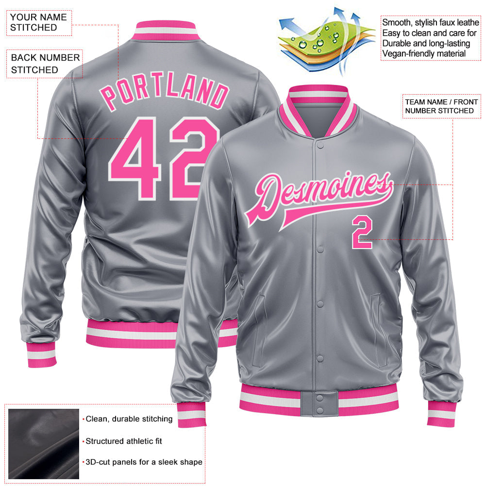 Custom Gray Pink-White Bomber Full-Snap Varsity Faux Leather Letterman Jacket view 2