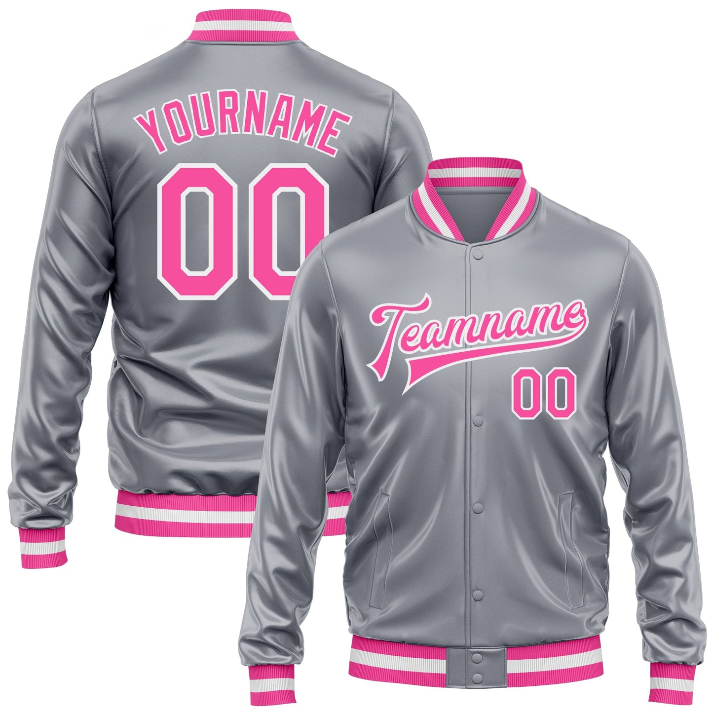 Custom Gray Pink-White Bomber Full-Snap Varsity Faux Leather Letterman Jacket - Main View