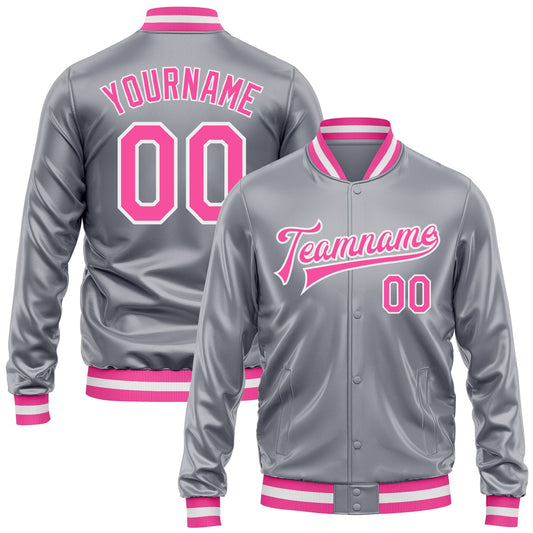 Custom Gray Pink-White Bomber Full-Snap Varsity Faux Leather Letterman Jacket - Main View