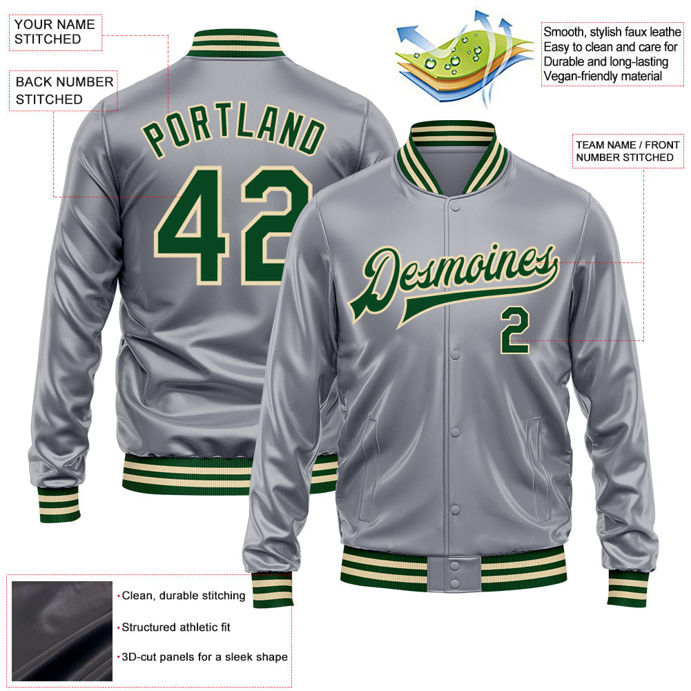 Custom Gray Green-Cream Bomber Full-Snap Varsity Faux Leather Letterman Jacket view 2