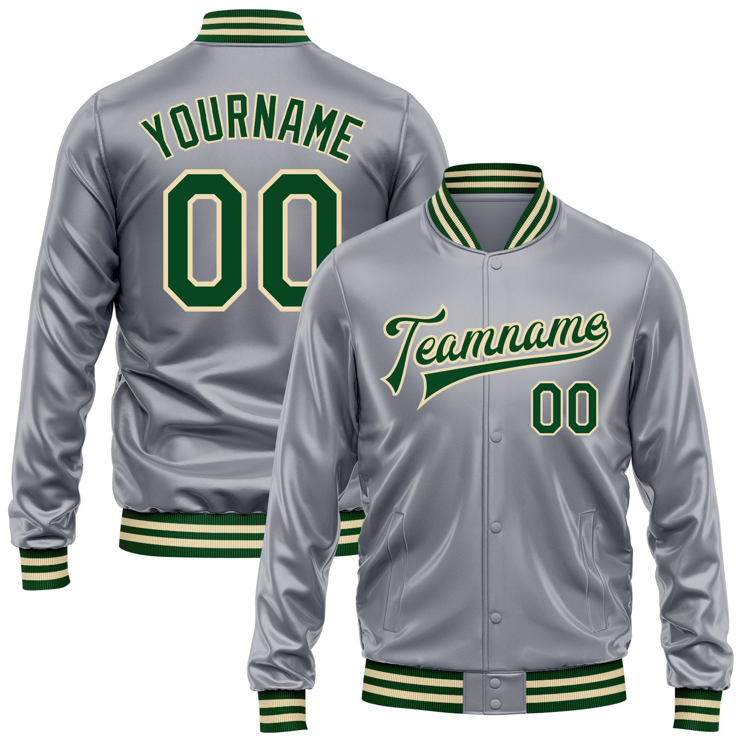 Custom Gray Green-Cream Bomber Full-Snap Varsity Faux Leather Letterman Jacket - Main View