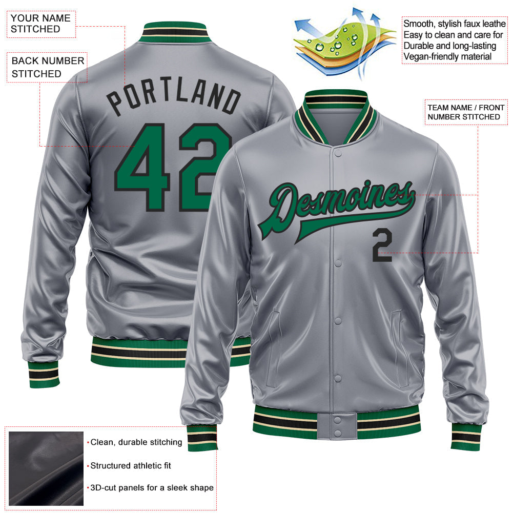 Custom Gray Kelly Green-Black Bomber Full-Snap Varsity Faux Leather Letterman Jacket view 2