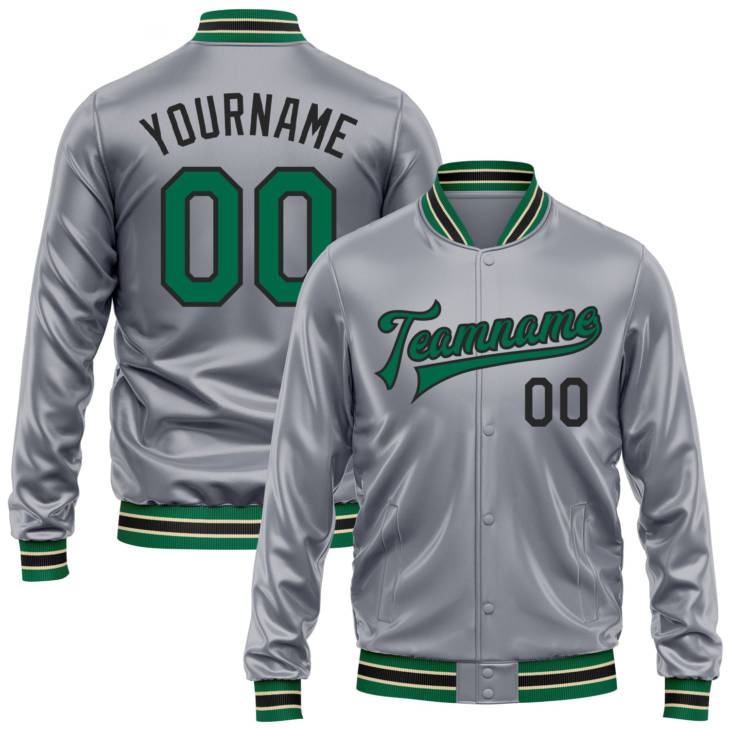 Custom Gray Kelly Green-Black Bomber Full-Snap Varsity Faux Leather Letterman Jacket - Main View