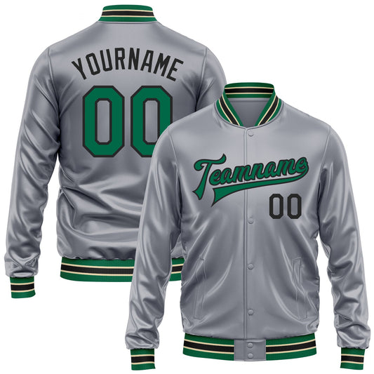 Custom Gray Kelly Green-Black Bomber Full-Snap Varsity Faux Leather Letterman Jacket - Main View
