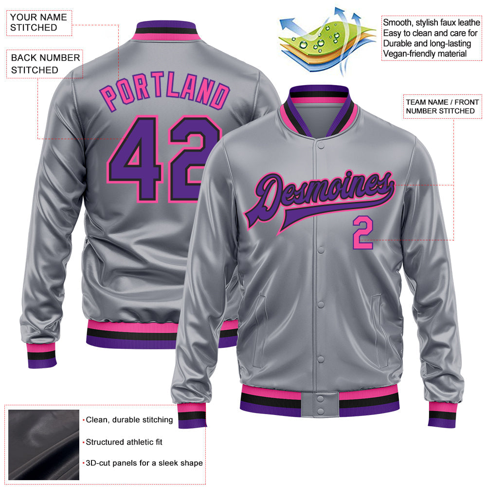Custom Gray Purple Pink-Black Bomber Full-Snap Varsity Faux Leather Letterman Jacket view 2