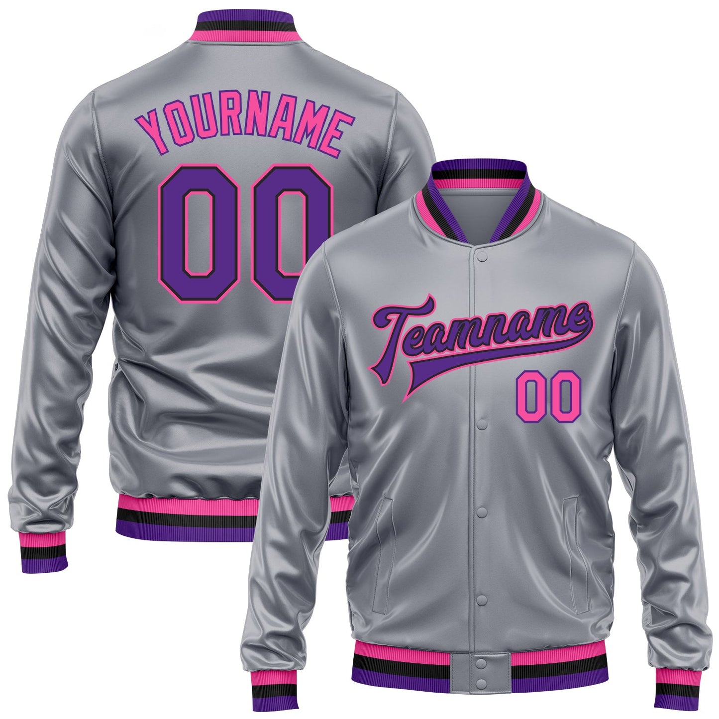 Custom Gray Purple Pink-Black Bomber Full-Snap Varsity Faux Leather Letterman Jacket - Main View