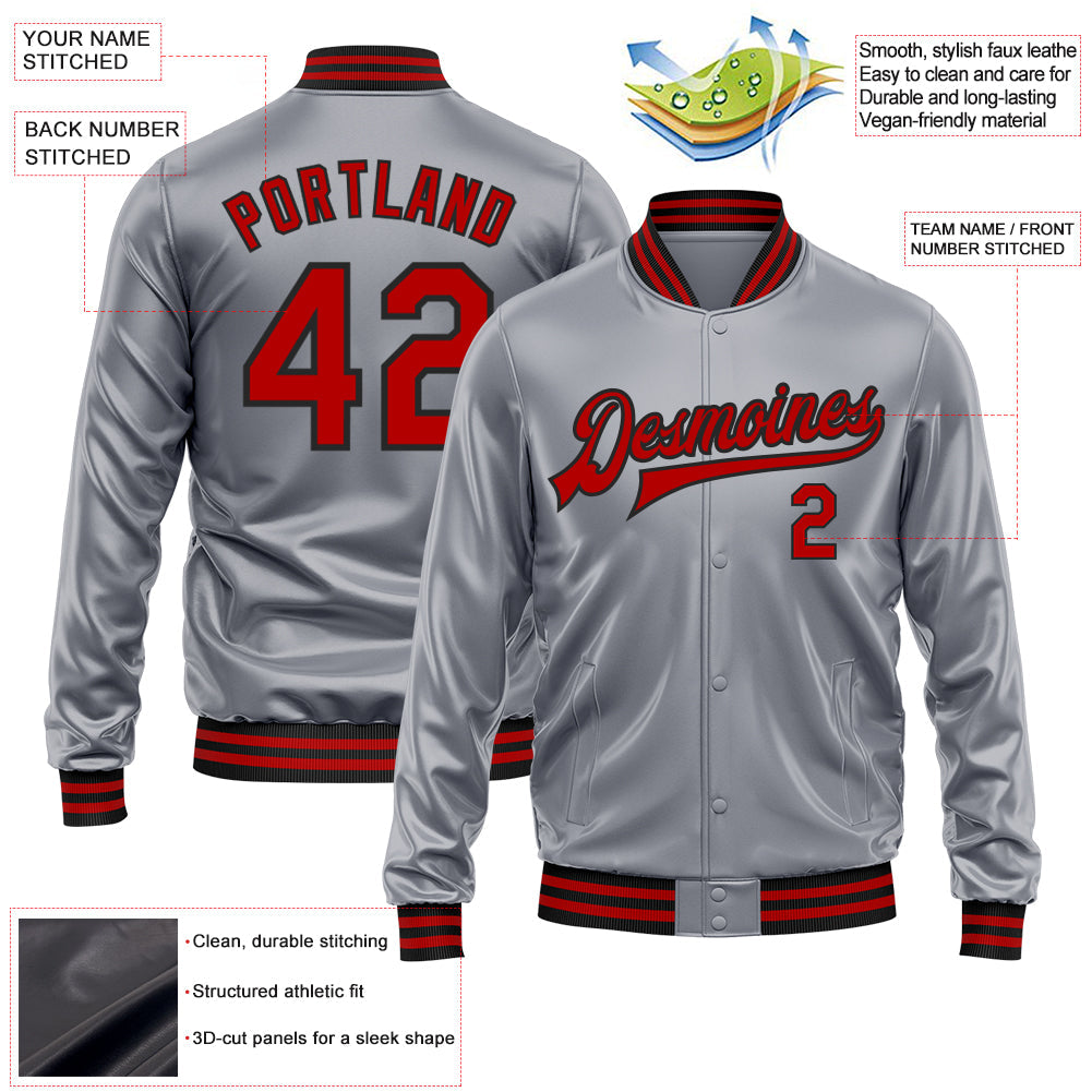 Custom Gray Red-Black Bomber Full-Snap Varsity Faux Leather Letterman Jacket view 2