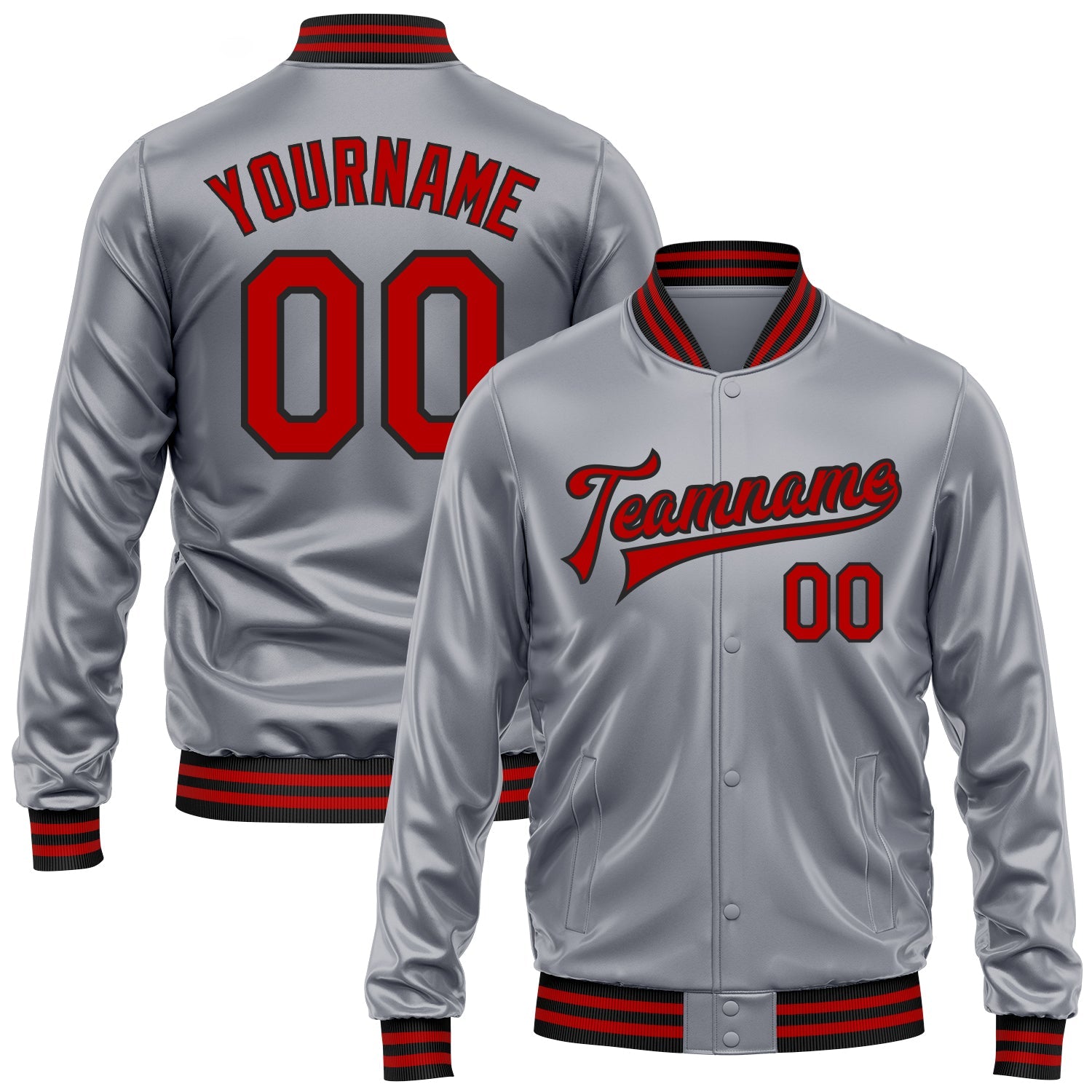 Custom Gray Red-Black Bomber Full-Snap Varsity Faux Leather Letterman Jacket - Main View