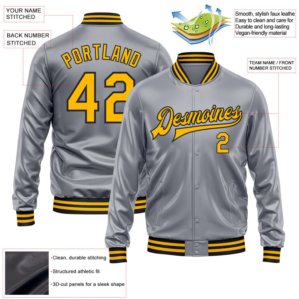 Custom Gray Gold-Black Bomber Full-Snap Varsity Faux Leather Letterman Jacket view 2