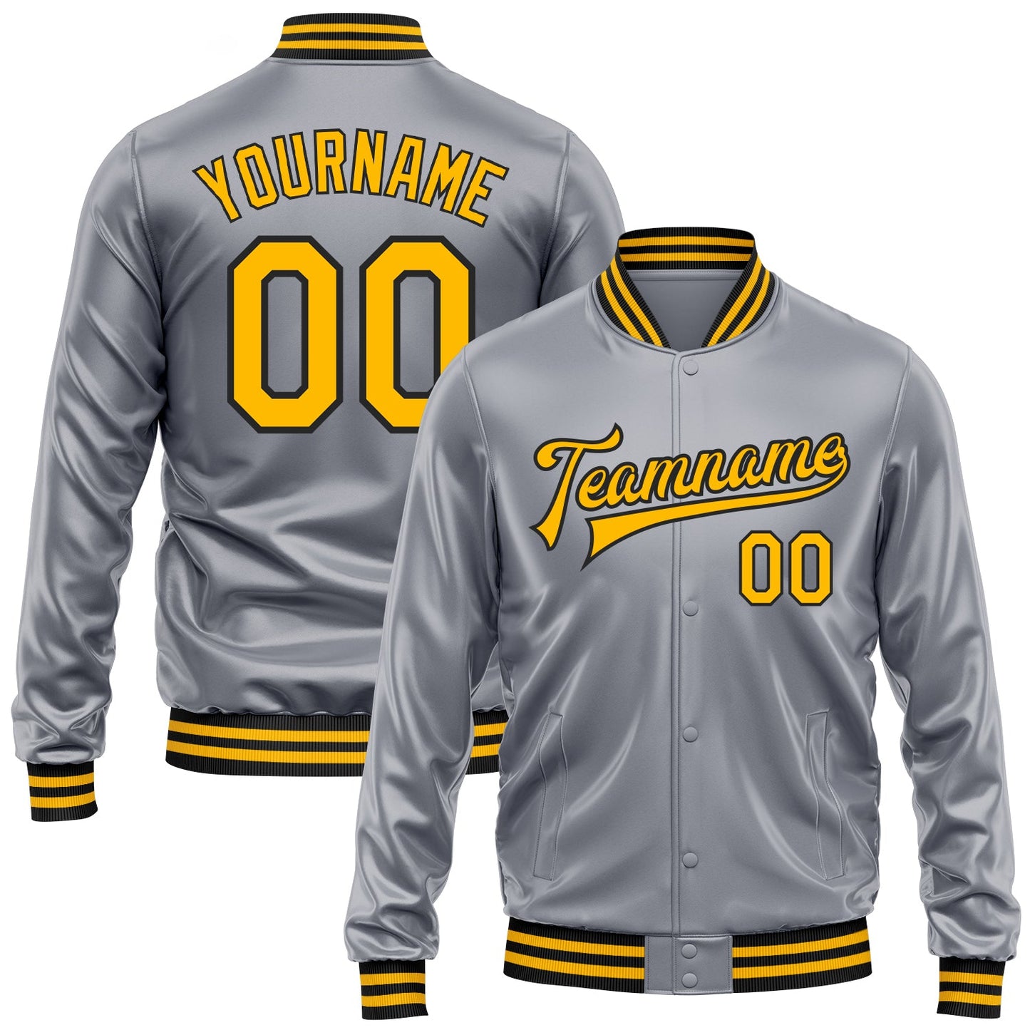 Custom Gray Gold-Black Bomber Full-Snap Varsity Faux Leather Letterman Jacket - Main View