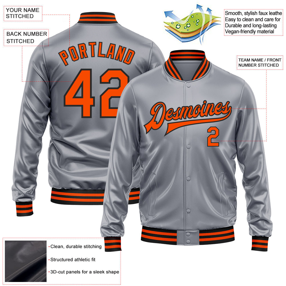 Custom Gray Orange-Black Bomber Full-Snap Varsity Faux Leather Letterman Jacket view 2