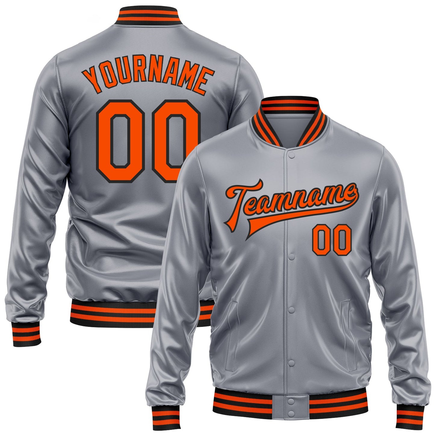 Custom Gray Orange-Black Bomber Full-Snap Varsity Faux Leather Letterman Jacket - Main View