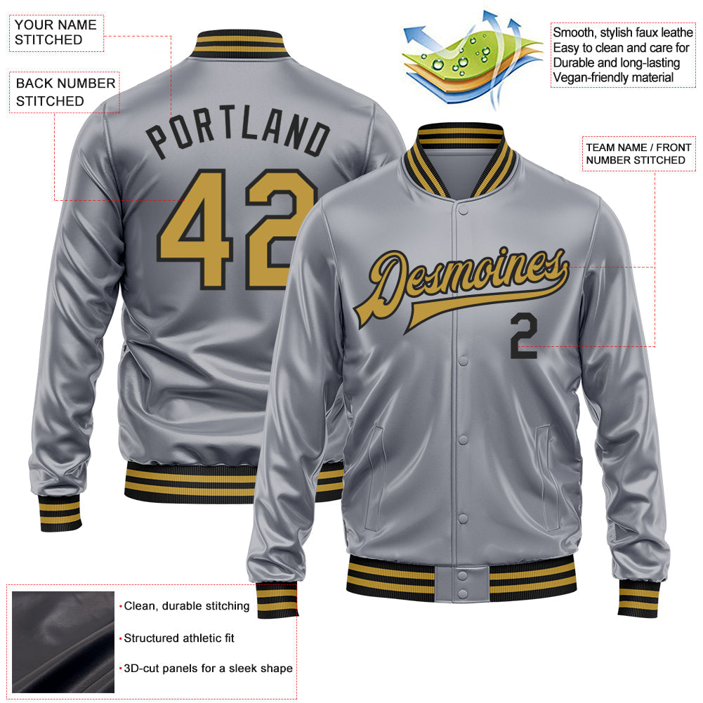Custom Gray Old Gold-Black Bomber Full-Snap Varsity Faux Leather Letterman Jacket view 2