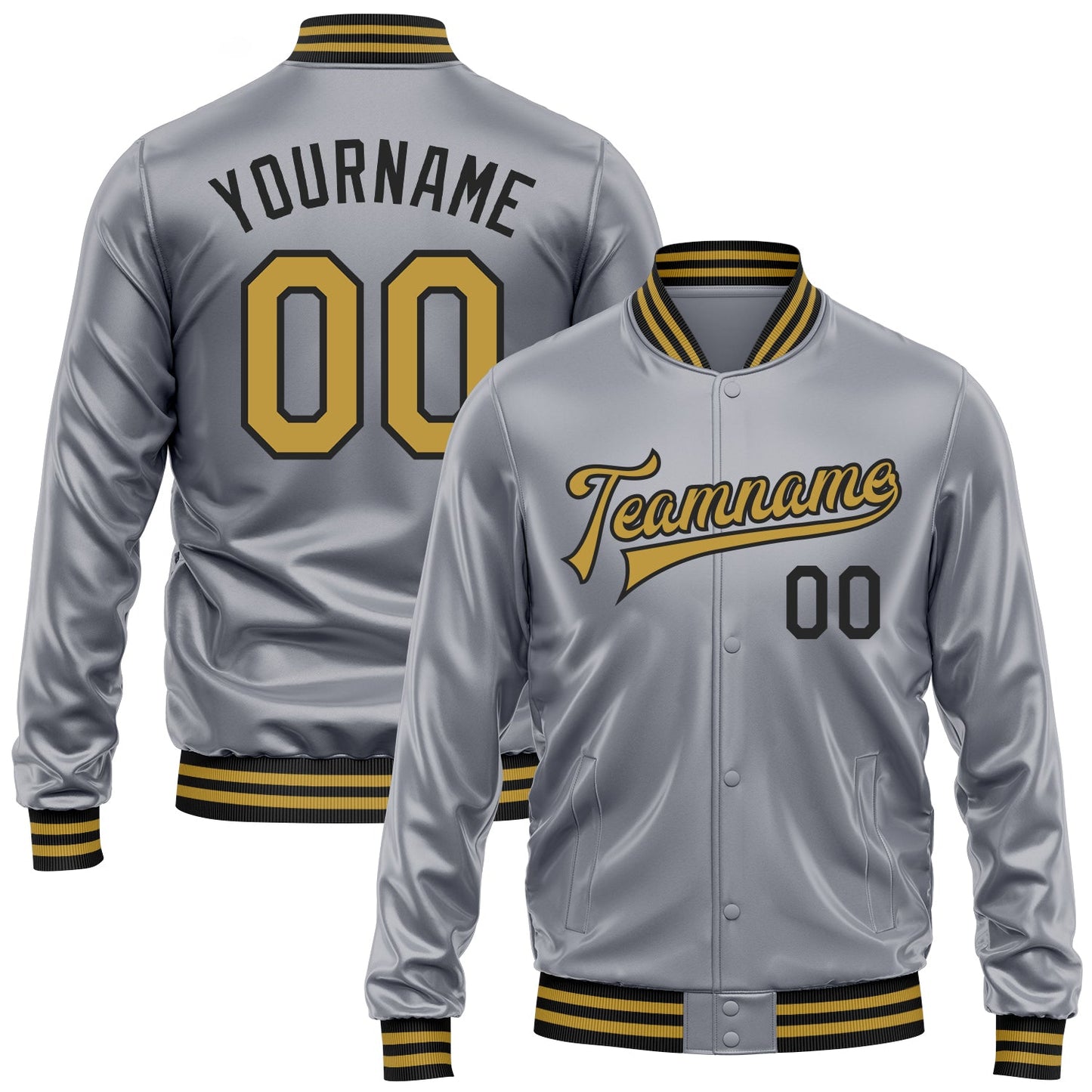 Custom Gray Old Gold-Black Bomber Full-Snap Varsity Faux Leather Letterman Jacket - Main View