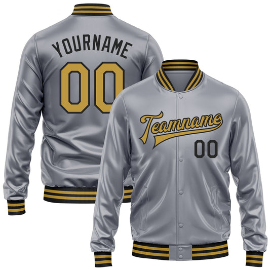 Custom Gray Old Gold-Black Bomber Full-Snap Varsity Faux Leather Letterman Jacket - Main View