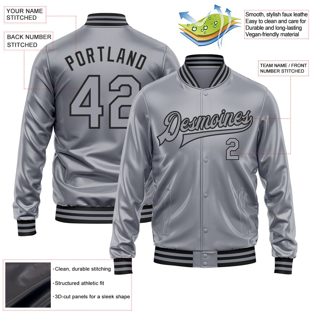 Custom Gray Gray-Black Bomber Full-Snap Varsity Faux Leather Letterman Jacket view 2