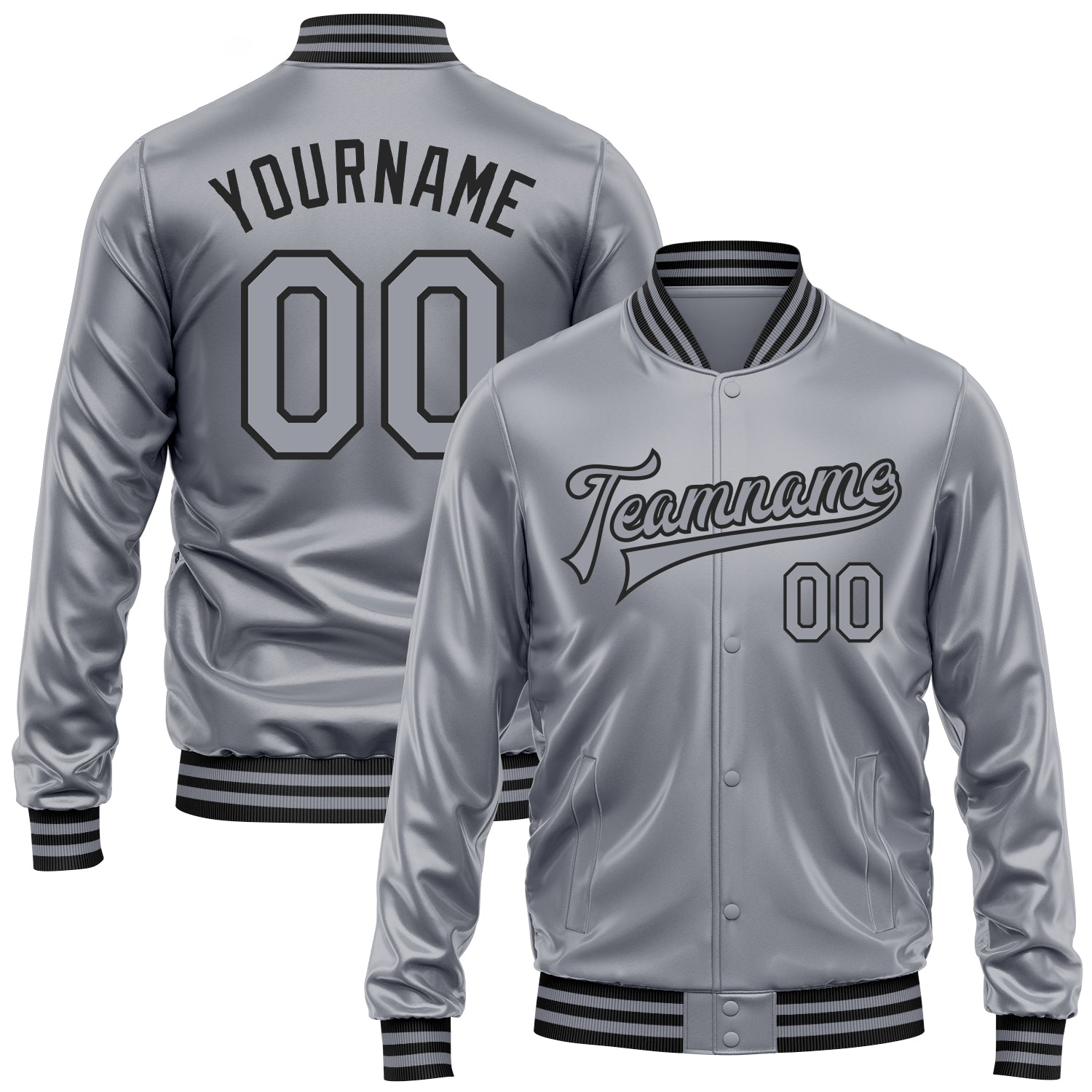 Custom Gray Gray-Black Bomber Full-Snap Varsity Faux Leather Letterman Jacket - Main View
