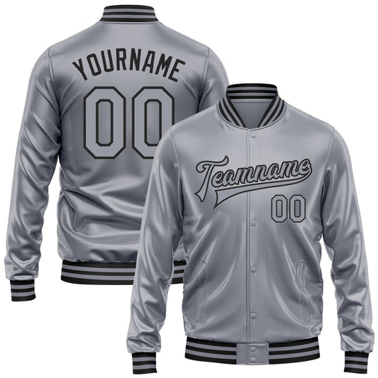 Custom Gray Gray-Black Bomber Full-Snap Varsity Faux Leather Letterman Jacket - Main View