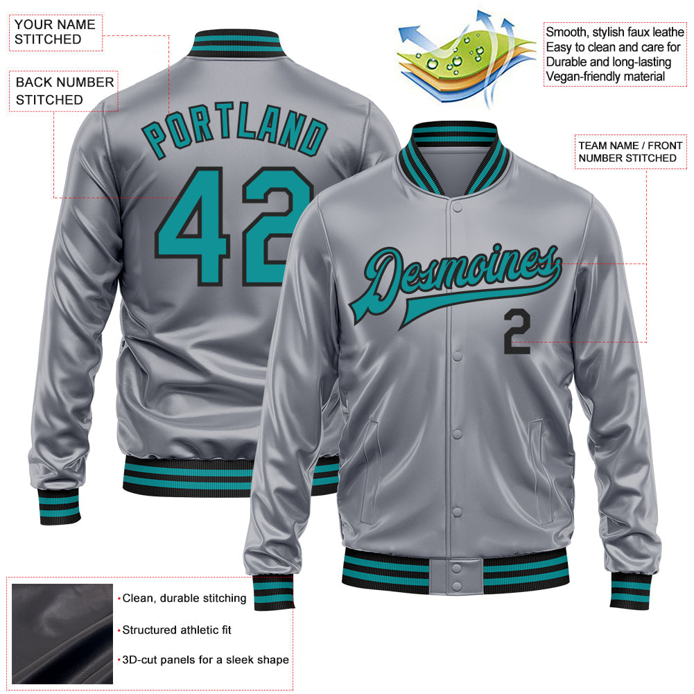 Custom Gray Teal-Black Bomber Full-Snap Varsity Faux Leather Letterman Jacket view 2