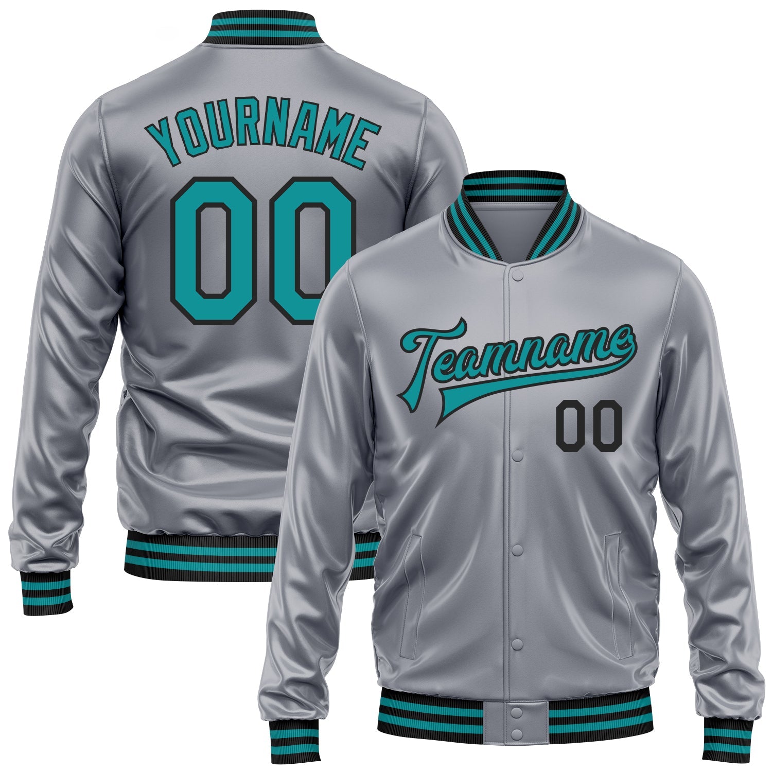 Custom Gray Teal-Black Bomber Full-Snap Varsity Faux Leather Letterman Jacket - Main View