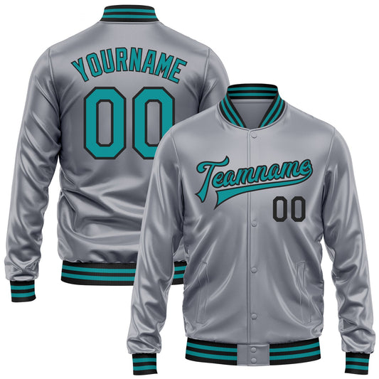 Custom Gray Teal-Black Bomber Full-Snap Varsity Faux Leather Letterman Jacket - Main View