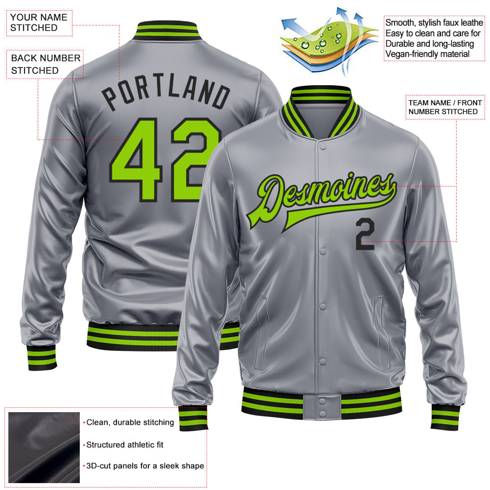 Custom Gray Neon Green-Black Bomber Full-Snap Varsity Faux Leather Letterman Jacket view 2