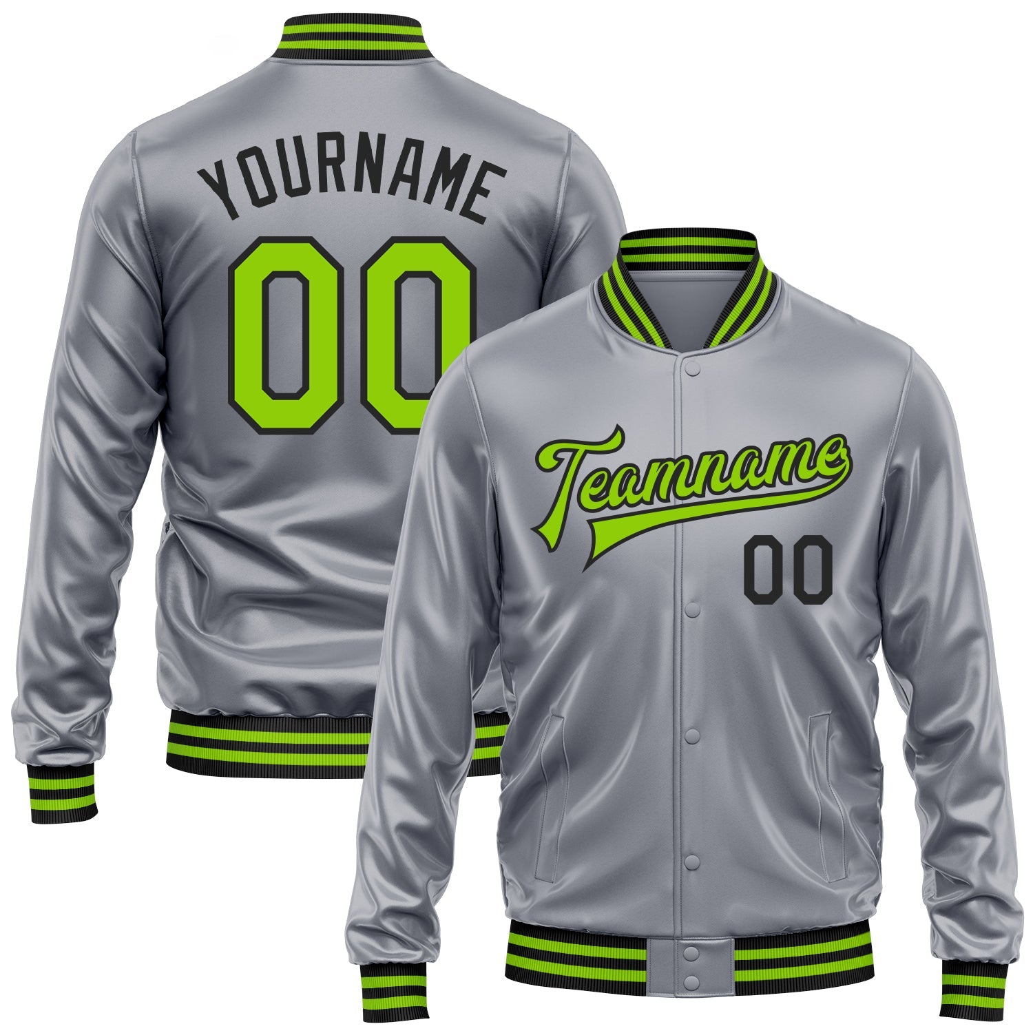 Custom Gray Neon Green-Black Bomber Full-Snap Varsity Faux Leather Letterman Jacket - Main View