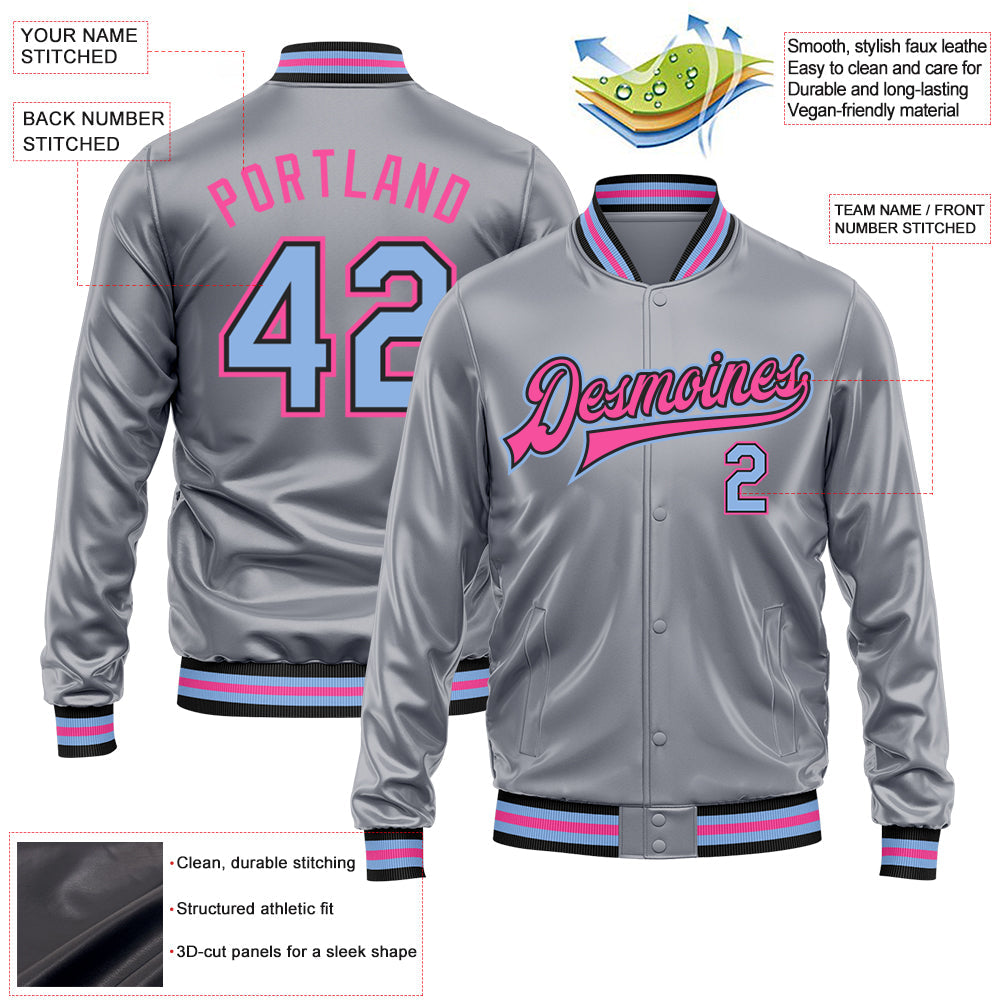 Custom Gray Light Blue Pink-Black Bomber Full-Snap Varsity Faux Leather Letterman Jacket view 2