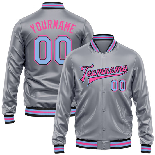 Custom Gray Light Blue Pink-Black Bomber Full-Snap Varsity Faux Leather Letterman Jacket - Main View