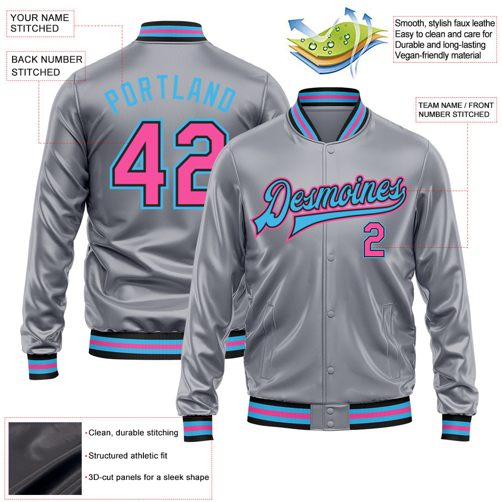 Custom Gray Pink Sky Blue-Black Bomber Full-Snap Varsity Faux Leather Letterman Jacket view 2