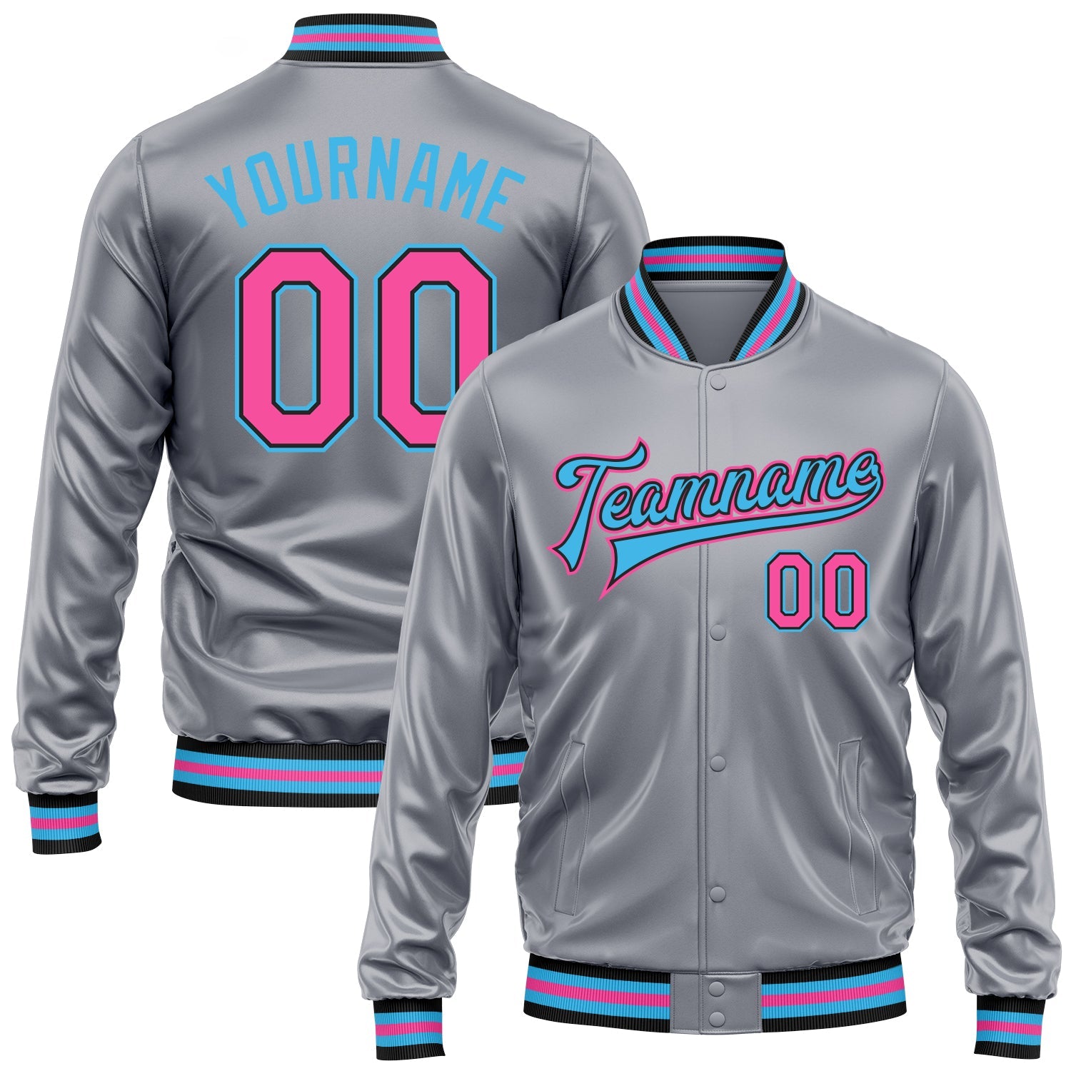 Custom Gray Pink Sky Blue-Black Bomber Full-Snap Varsity Faux Leather Letterman Jacket - Main View