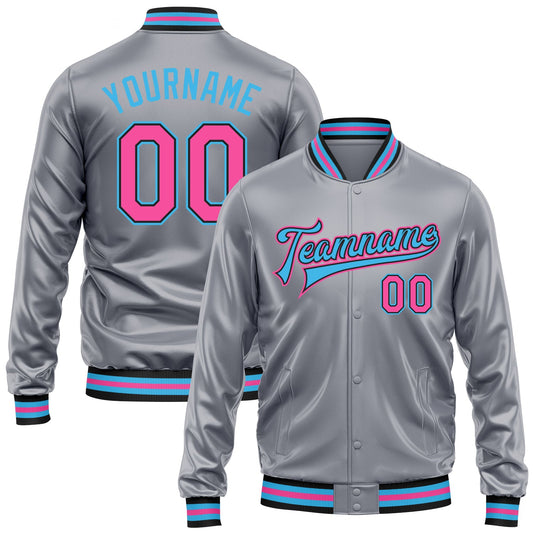 Custom Gray Pink Sky Blue-Black Bomber Full-Snap Varsity Faux Leather Letterman Jacket - Main View