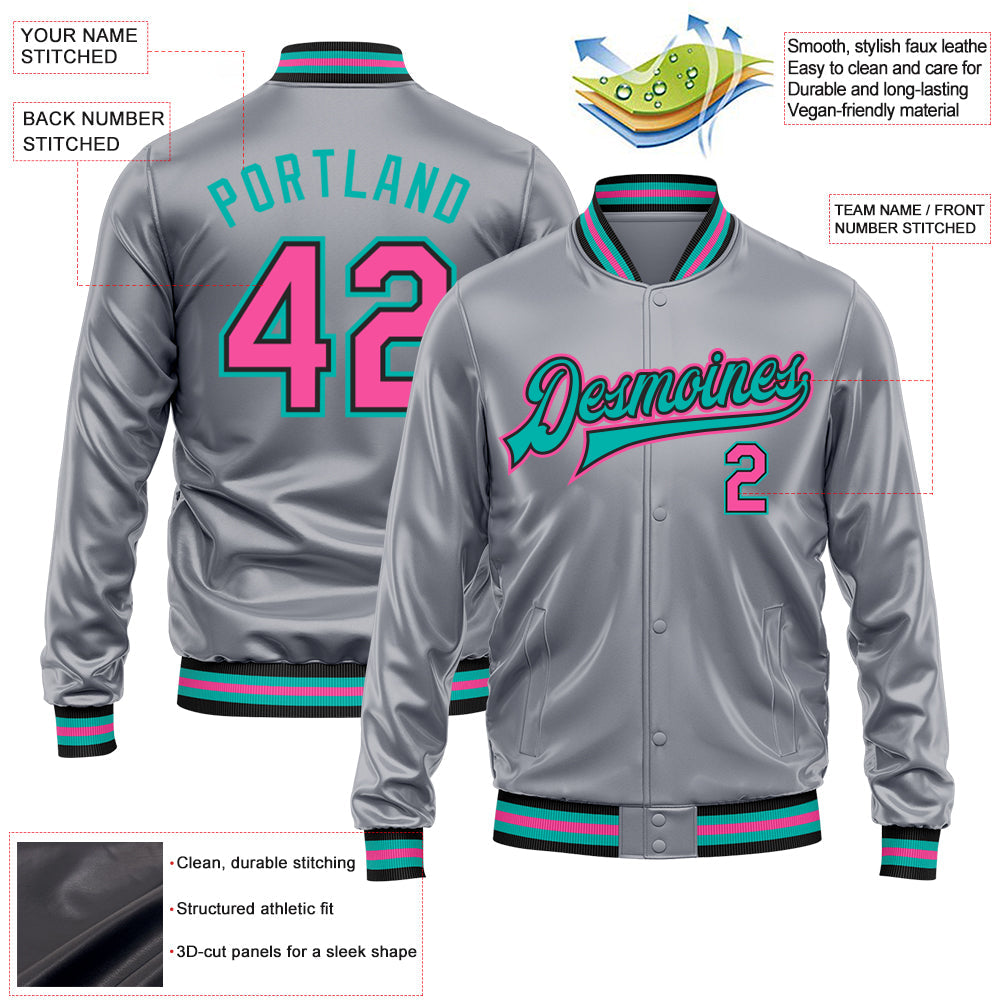 Custom Gray Pink Aqua-Black Bomber Full-Snap Varsity Faux Leather Letterman Jacket view 2