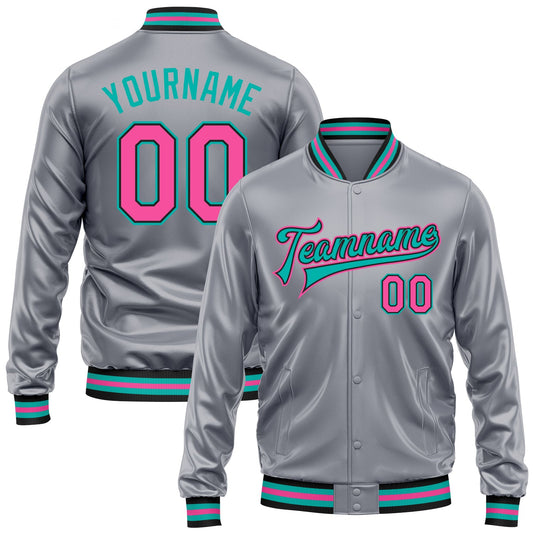 Custom Gray Pink Aqua-Black Bomber Full-Snap Varsity Faux Leather Letterman Jacket - Main View
